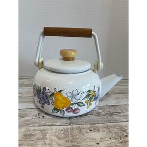 VTG GMI 2.5 Qt Tea Kettle, Porcelain On Steel, White Tea Kettle-w-Fruit Pattern